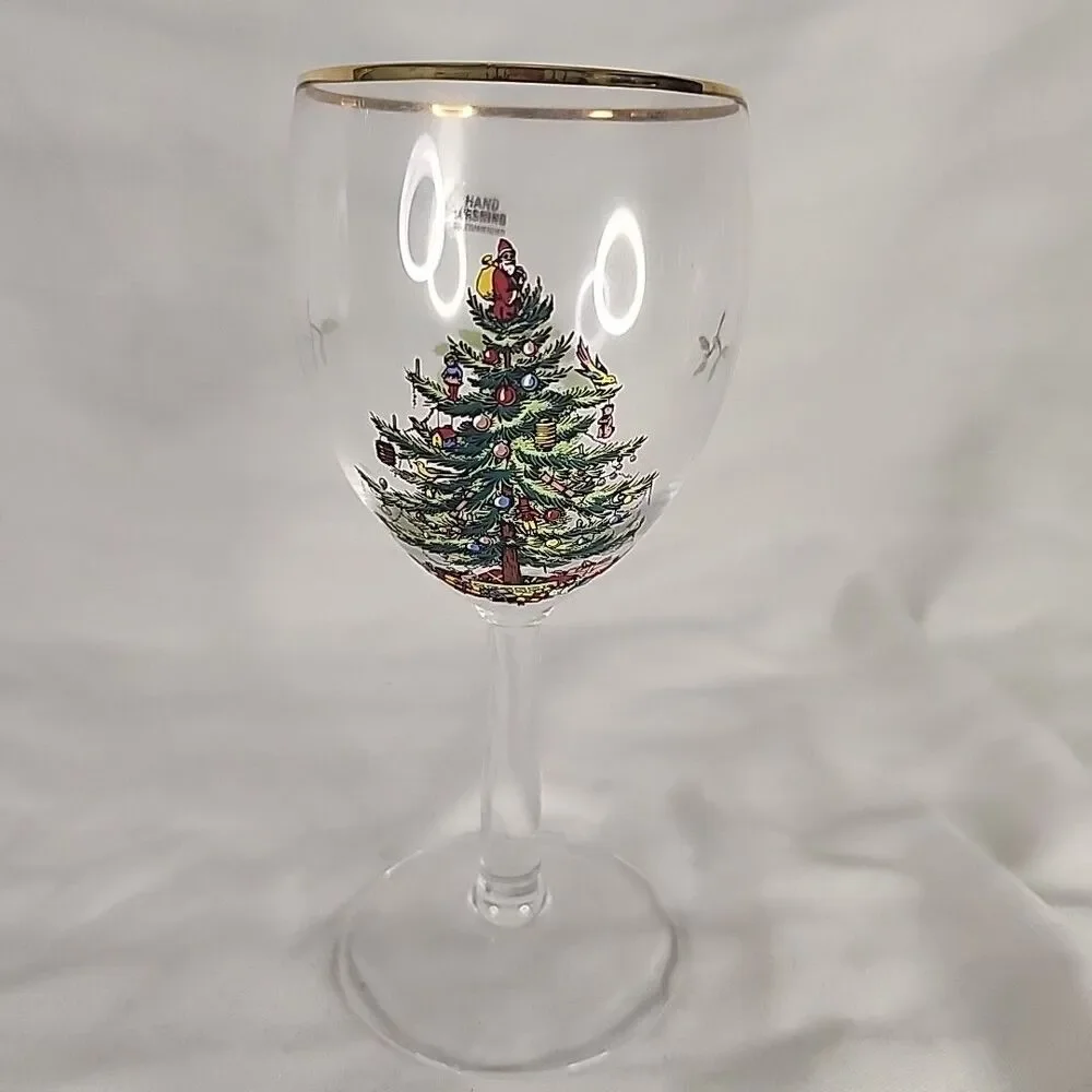 Spode Christmas Tree Wine Glasses 13 Ounce with Gold Rims, Set of 4 NEW